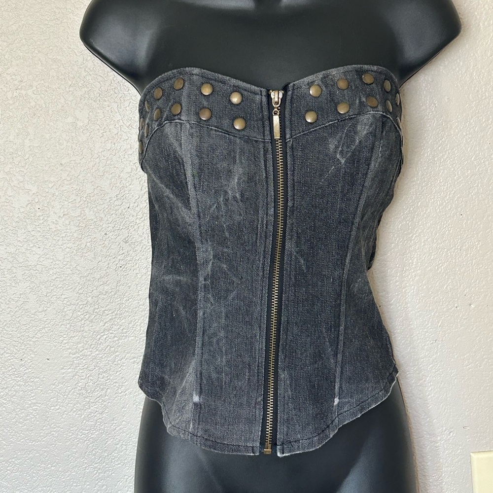 Black Zip-Up Studded Denim Bustier Corset  Stretchy Biker Motorcycle  Sexy Sz M